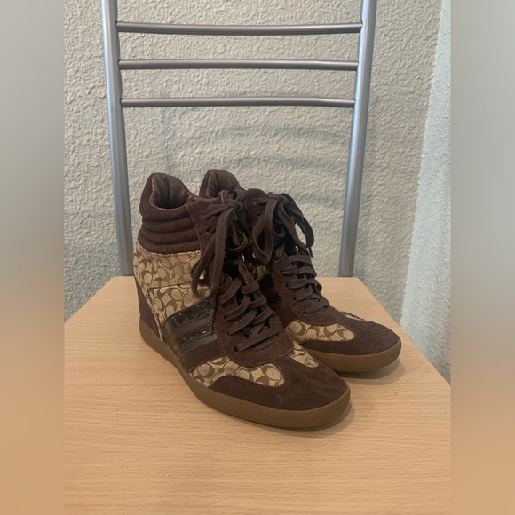 Coach Alara Brown Signature Canvas Wedge Sneakers - Picture 2 of 8